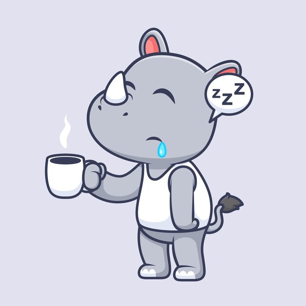 Rinoceronte lindo durmiente sosteniendo café icono vectorial de dibujos animados ilustración de animales icono de bebida aislado plano