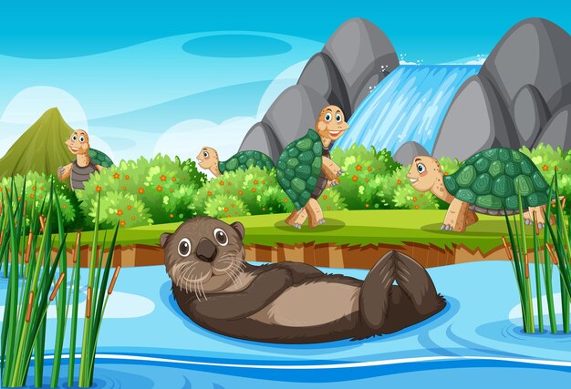 Río en el bosque con nutrias y tortugas