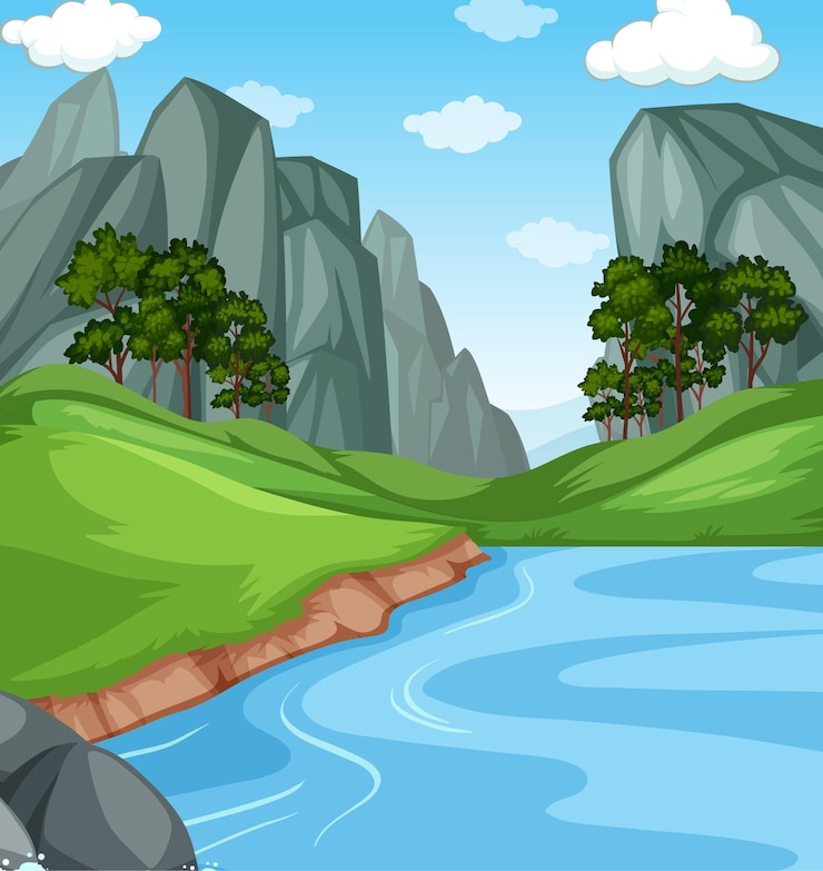 Vector gratuito río con escena de ilustración de paisaje de naturaleza de acantilado