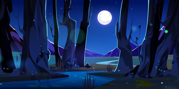 Río en la noche bosque montaña naturaleza vector dibujos animados paisaje Hierba verde bajo el árbol escena de la luz de la luna hermosa corriente que fluye cerca del prado Bosques vacíos panorámicos con luciérnagas voladoras luciérnagas