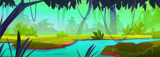 Vector gratuito río en la selva bosque vector paisaje tropical fondo lago agua dibujos animados naturaleza ilustración con hierba creeper y paisaje salvaje amazona bosque tropical diseño de escena de juego con hermoso valle