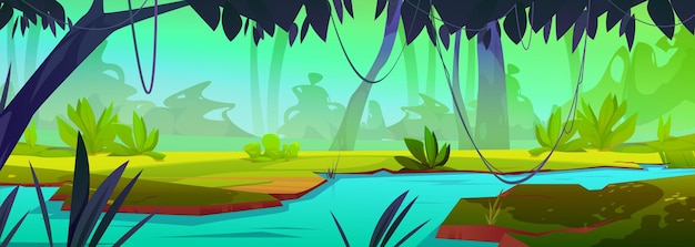 Río en la selva bosque vector paisaje tropical fondo lago agua dibujos animados naturaleza ilustración con hierba creeper y paisaje salvaje amazona bosque tropical diseño de escena de juego con hermoso valle
