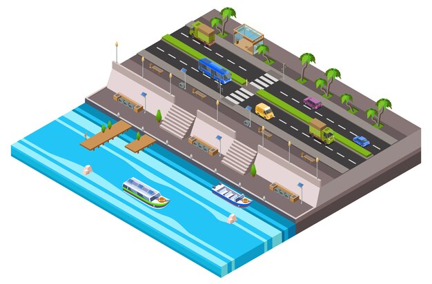 Riverside city isometric 3D de la línea de tráfico de la ciudad frente al mar a lo largo de la tarta del ferry