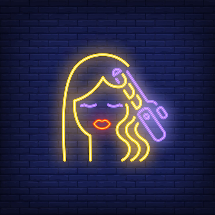 Vector gratuito rizador de pelo rizado mujer pelo neón signo