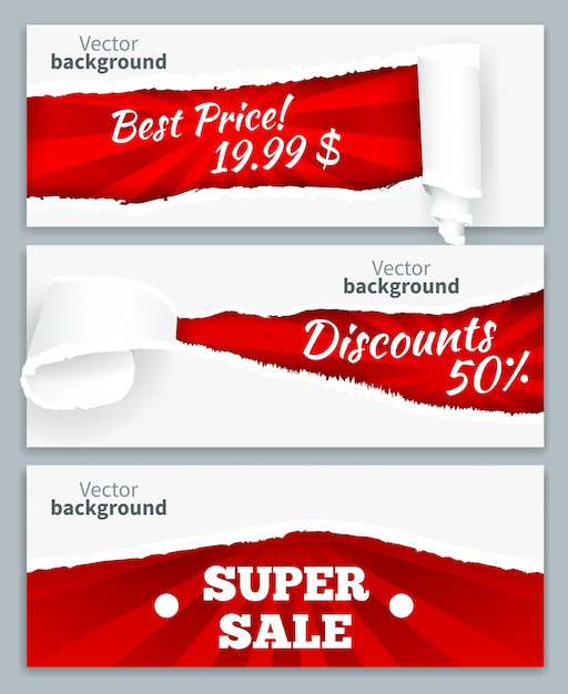 Rizos de papel rasgado que revelan precios de descuento súper ventas sobre fondo rojo conjunto de banners horizontales realistas vector gratuito