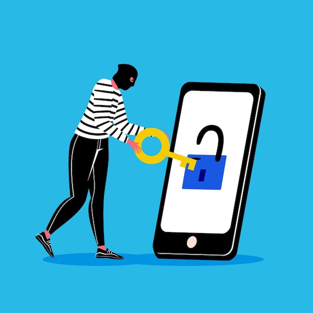 Robar concepto de datos con ladrón y teléfono