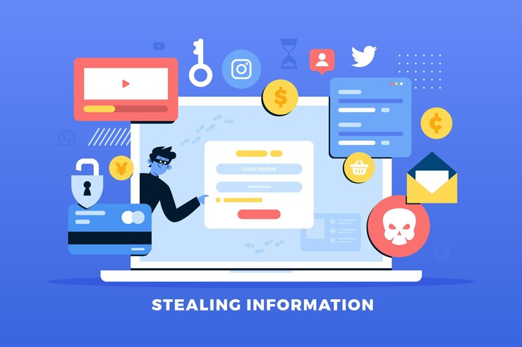 Vector gratuito robar el concepto de datos con ladrones y laptop
