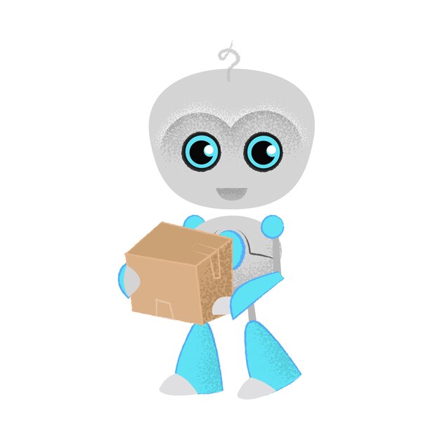 Robot alegre que sostiene el paquete. Entrega, correo, envío.