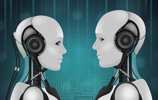Robot androide composición realista en 3D con cabezas de personajes antropomorfos con cables y caras de plástico