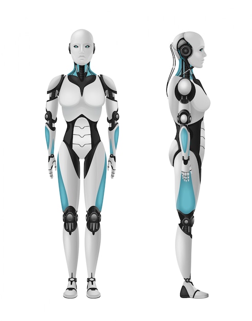 Robot androide femenino composición realista 3d de robot humanoide con cuerpo femenino en blanco