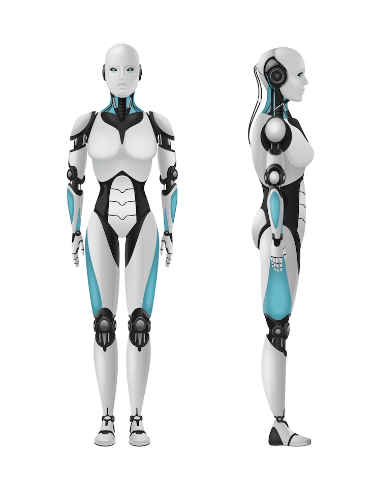 Vector gratuito robot androide mujer composición 3d realista de robot humanoide con cuerpo femenino en blanco