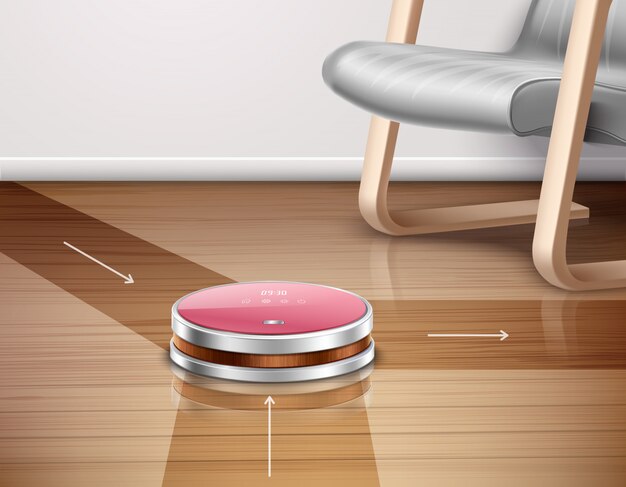 Robot aspirador en obra con dirección de movimientos en suelo de parquet