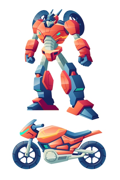 Robot de batalla rojo capaz de transformarse en motocicleta de carreras, caricatura de bicicleta deportiva