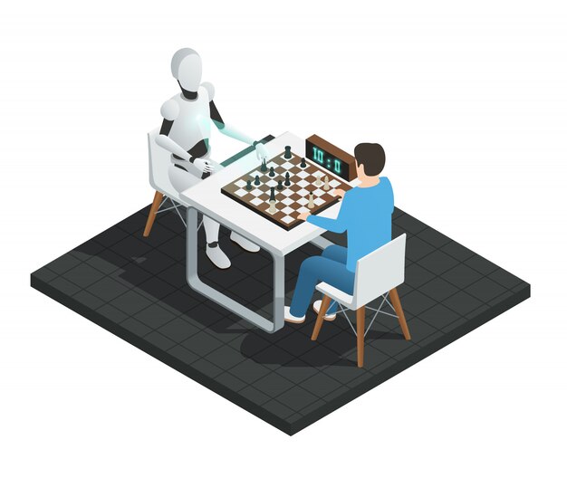 Robot de composición isométrica de inteligencia artificial coloreada jugando ajedrez con una ilustración de hombre