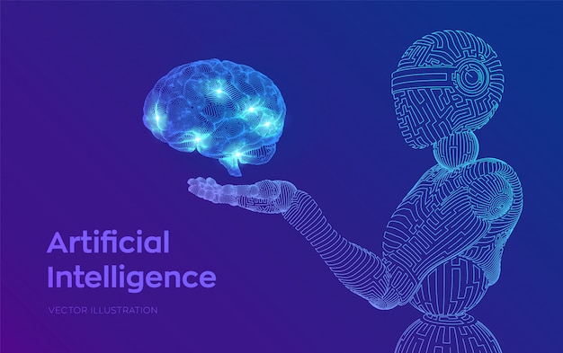 Robot de estructura metálica. AI Inteligencia artificial en forma de cyborg o bot. Cerebro en mano robótica. Cerebro digital