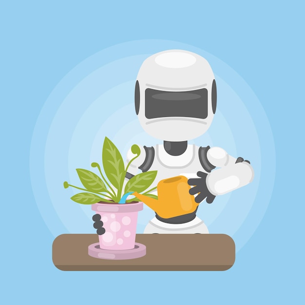 Robot con flor Robot de limpieza regando flor