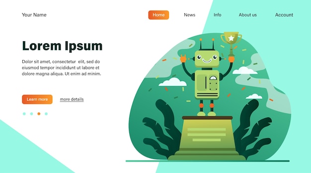 Robot ganando copa de oro. Premio, celebración, ilustración de vector plano cyborg. Diseño de sitio web de concepto de tecnología y concurso o página web de destino
