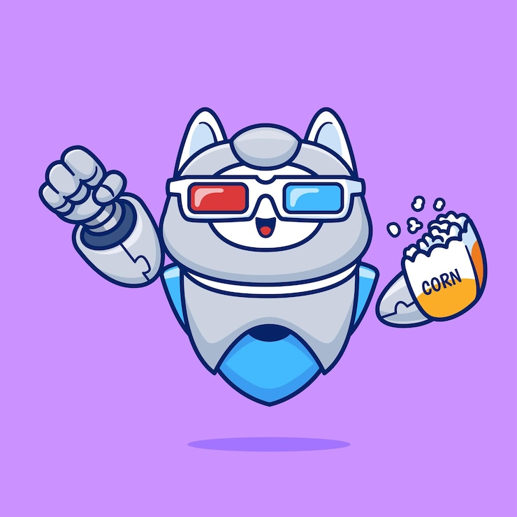 Vector gratuito robot gato adorable viendo una película con palomitas y gafas. ilustración vectorial de dibujos animados. comida. tecno