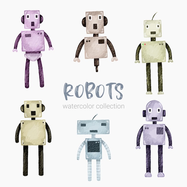 Vector gratuito robot humanoide de dibujos animados de acuarela futurista para pegatinas y avatares emoji