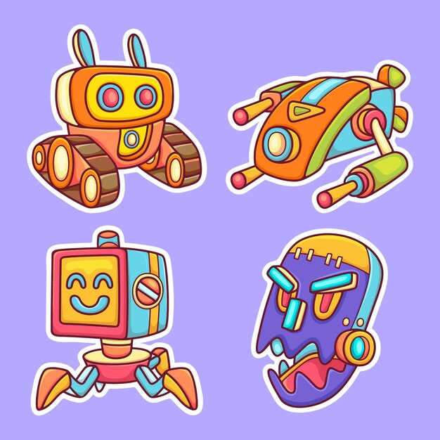 Robot juguetes pegatina iconos dibujados a mano para colorear Vector