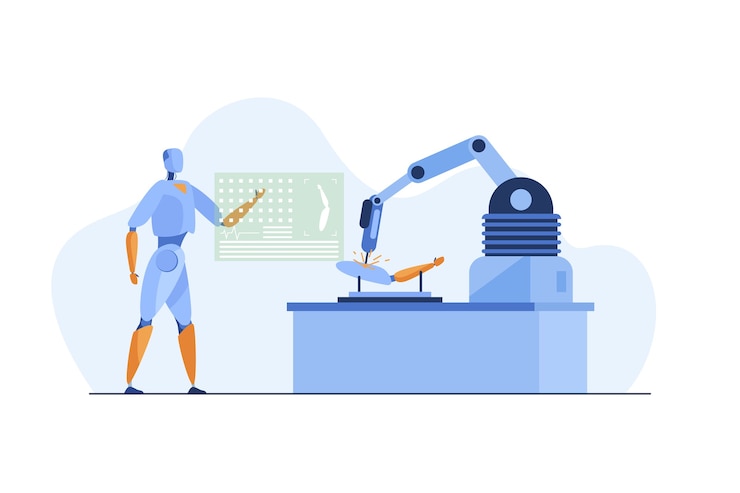 Vector gratuito robot que usa la aplicación y el brazo robótico para reparar los detalles.