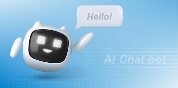 Un robot simpático y amigable con una burbuja de habla de bienvenida.