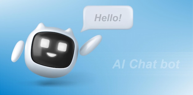 Un robot simpático y amigable con una burbuja de habla de bienvenida.