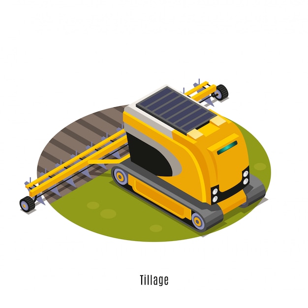 Vector gratuito robótica agrícola composición redonda isométrica con arado de labranza totalmente automatizado maquinaria de cultivo de tierra fondo blanco.