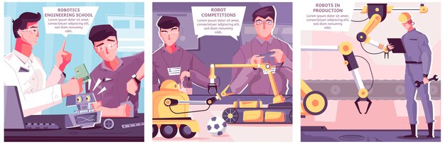 Robótica con ilustraciones cuadradas de personajes humanos en entornos industriales y de laboratorio con texto