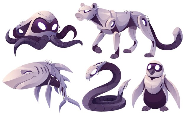 Robots animales pulpo, tiburón, leopardo, serpiente y pingüino. Mascotas cyborgs, personajes electrónicos mecánicos de inteligencia artificial, personajes de robótica de dibujos animados aislados sobre fondo blanco Conjunto de vectores