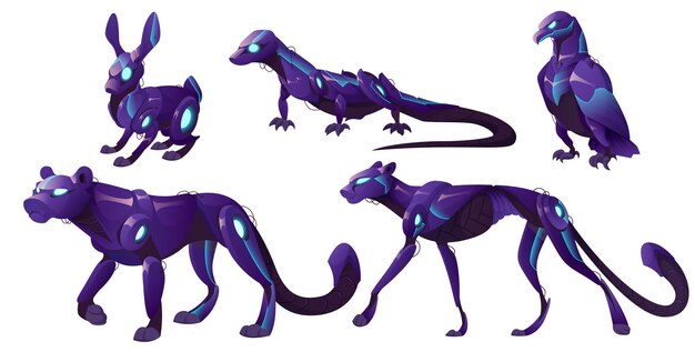 Robots animales robótica monstruos mecánicos Cyborgs mascotas liebre águila lagarto guepardo o puma con ojos brillantes y cuerpo mecánico Dibujos animados inteligencia artificial máquinas electrónicas Conjunto de vectores