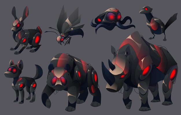 Robots animales robótica monstruos mecánicos Evil cyborgs mascotas liebre águila avispa pulpo urraca perro oso y rinoceronte con ojos rojos brillantes y cuerpo mecánico Cartoon depredadores máquinas Vector set