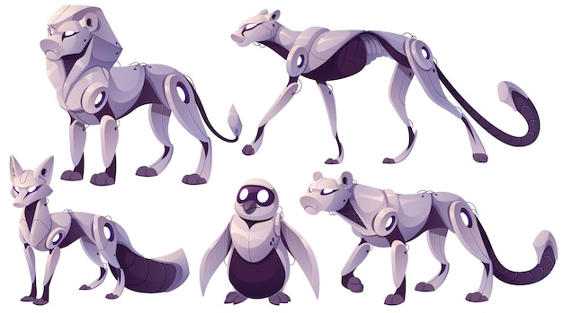 Robots animales, tecnología futurista cyborgs pantera, león, zorro, pingüino, guepardo. Personajes cibernéticos de robótica de dibujos animados, personajes mecánicos y electrónicos de inteligencia artificial, conjunto de vectores aislados