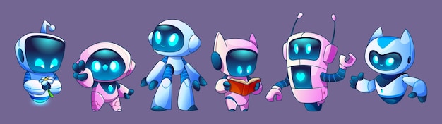 Robots de chat de dibujos animados con caras sonrientes