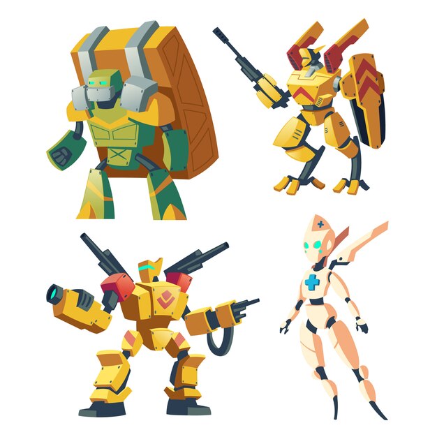 Robots de combate de dibujos animados para juegos de rol de video Batalla de androides.