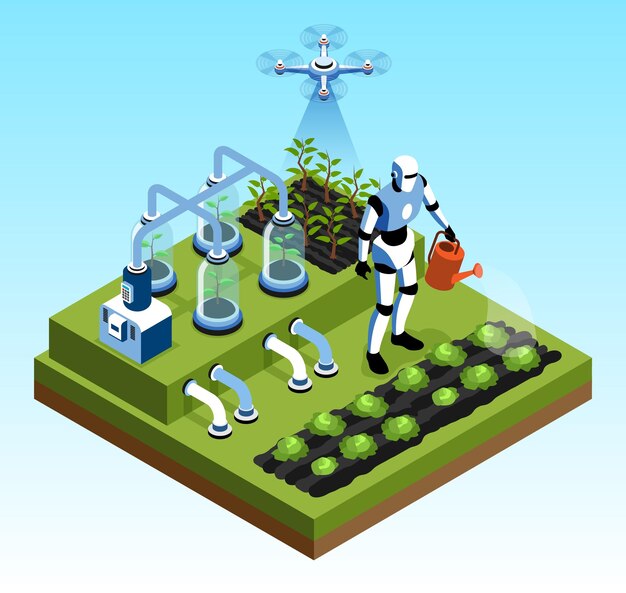 Los robots de concepto aislado de granja inteligente isométrica aislada crecen y los lechos de plantas de agua ilustran el vector