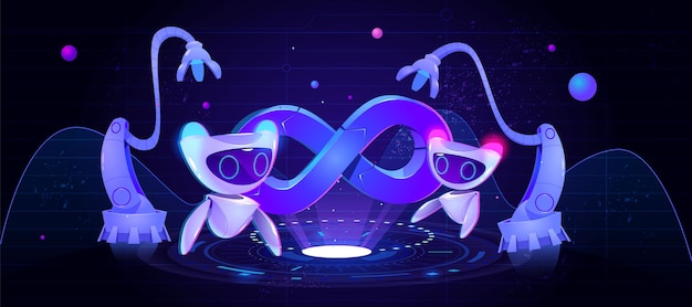 Robots de inteligencia artificial y cyborg con símbolo de infinito