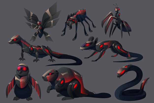 Robots malvados animales avispa araña mantis lagarto pingüino castor rata y serpiente monstruos mecánicos Cyborgs insectos pájaros y mamíferos con ojos rojos brillantes Máquinas cibernéticas de mimbre de dibujos animados Conjunto de vectores