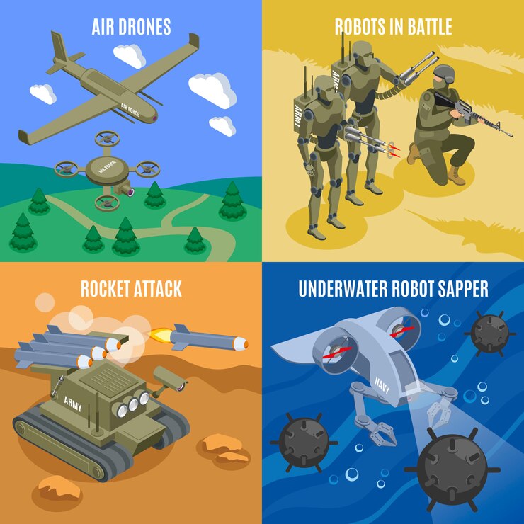 Vector gratuito robots militares en batalla 2x2 concepto con aviones no tripulados aéreos dispara cohetes robot submarino sapper iconos isométricos