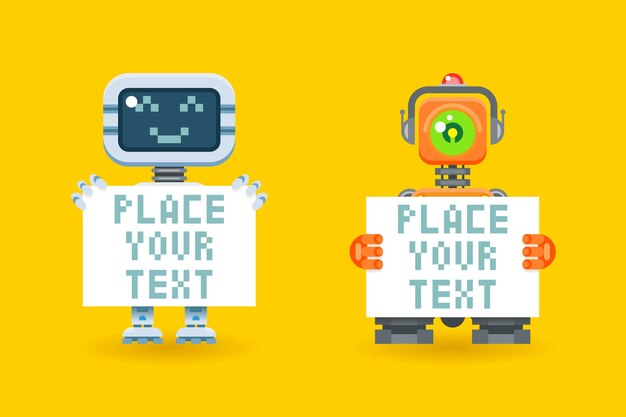 Robots con papel en blanco con lugar para texto. Cyborg con tablero, robot futurista, android con hoja