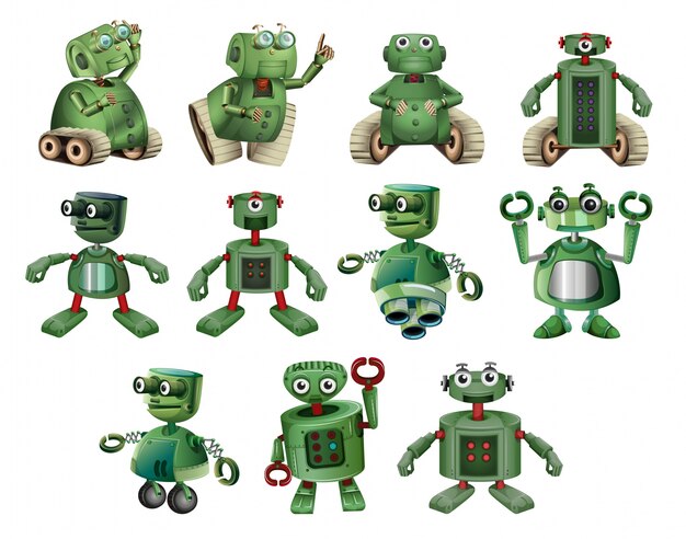 robots verdes en diferentes acciones