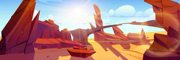 Vector gratuito roca y cañón en el paisaje de dibujos animados del juego del desierto ilustración de fondo de terreno de roca rocosa de ee. uu. sequía vacía formación del valle de arizona con entorno de arena marrón y escena panorámica de arco de piedra