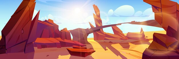 Roca y cañón en el paisaje de dibujos animados del juego del desierto Ilustración de fondo de terreno de roca rocosa de EE. UU. Sequía vacía Formación del valle de Arizona con entorno de arena marrón y escena panorámica de arco de piedra
