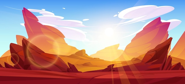 Vector gratuito roca desierto dibujos animados vector paisaje fondo cañón roca formación panorámica juego ilustración seco salvaje vacío acantilado rocoso construcción en utah usa escena de desierto americano con rayo de luz solar