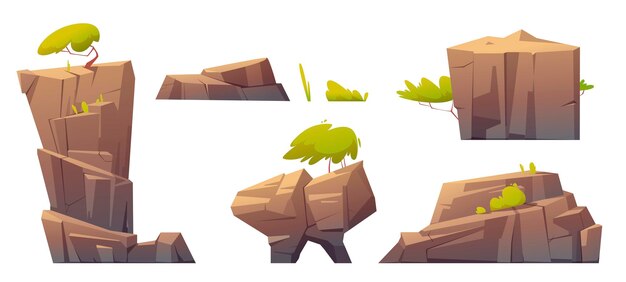 Rocas de montaña, isla o piedras con árboles y plantas verdes, elementos naturales, textura de materiales geológicos