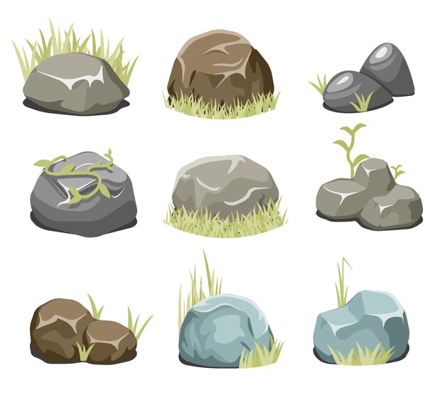 Rocas con pasto, piedras y pasto verde. Roca de la naturaleza, ilustración al aire libre, vector de planta ambiental. Vector de rocas y piedras de vector