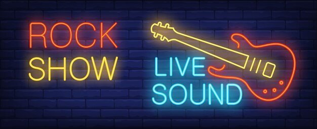 Rock show Live sound neon sign. Guitarra eléctrica iluminada de la estrella de rock en la pared de ladrillo.