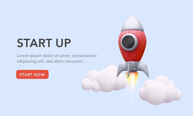 Rocket vuela a través de nubes realistas, concepto de una página web para una startup. ilustración