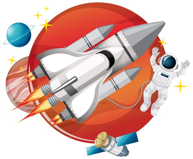 Rocketship con un astronauta sobre fondo blanco.