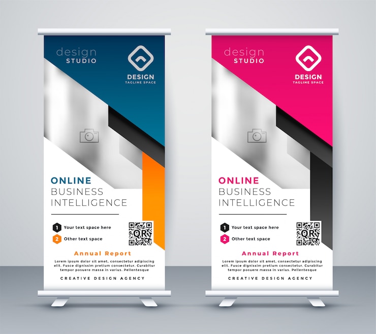 Vector gratuito roll up plantilla de diseño de banner en estilo geométrico